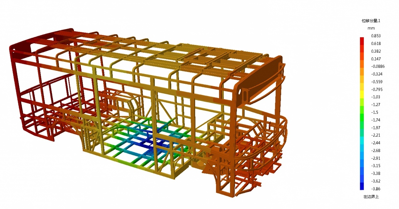 Finite-element deformation plot of a welded body frame, showing displacement under load. The color scale highlights the members that flex most — exactly the areas an engineer wants to find before the box is built.