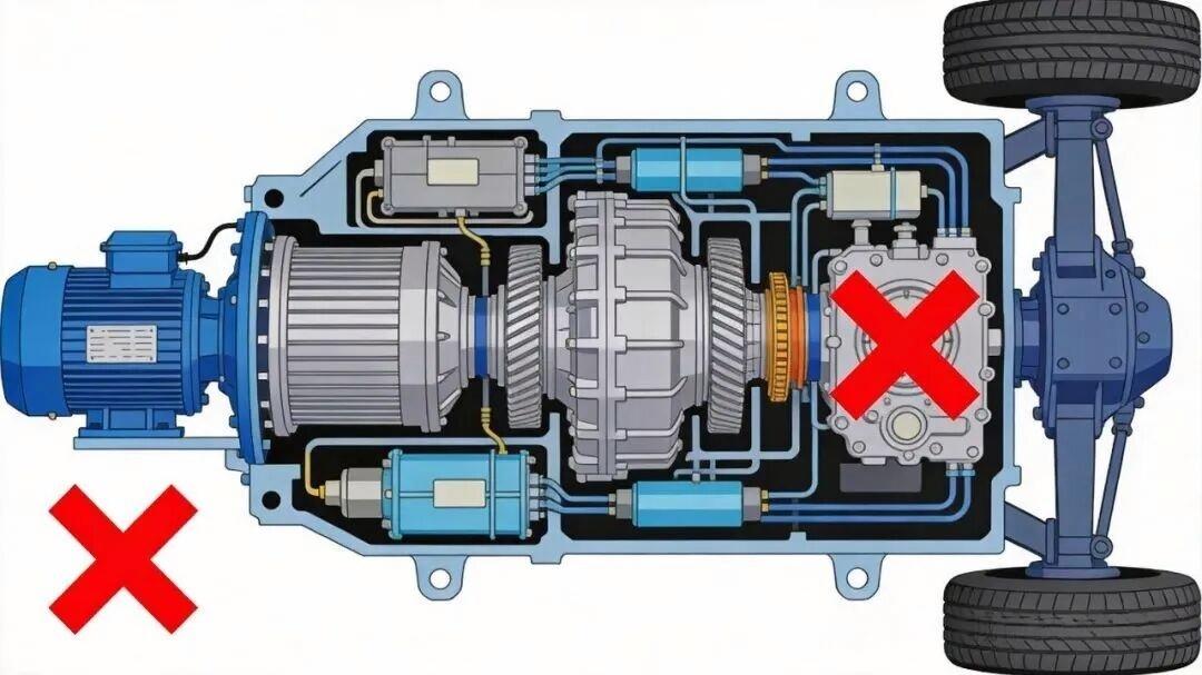 Cutaway of an integrated e-axle: the motor and reduction gears are packaged across the axle, with no space or mounting window left for a mechanical take-off.