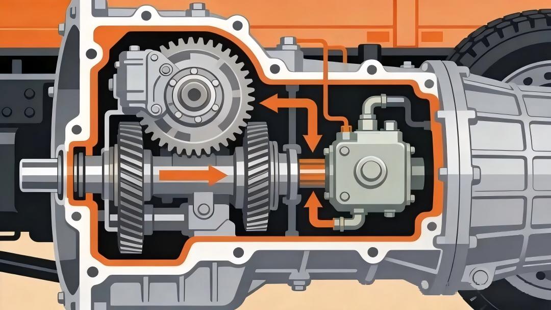 Cutaway of a mechanical power take-off on a truck transmission — gears splitting off part of the engine's output to drive a hydraulic pump.