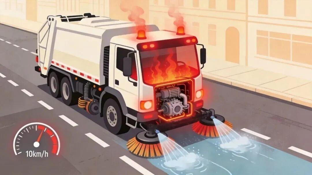 A sweeper working at walking pace with the engine at high load — low speed plus heavy auxiliary demand is where a diesel powertrain is at its worst.