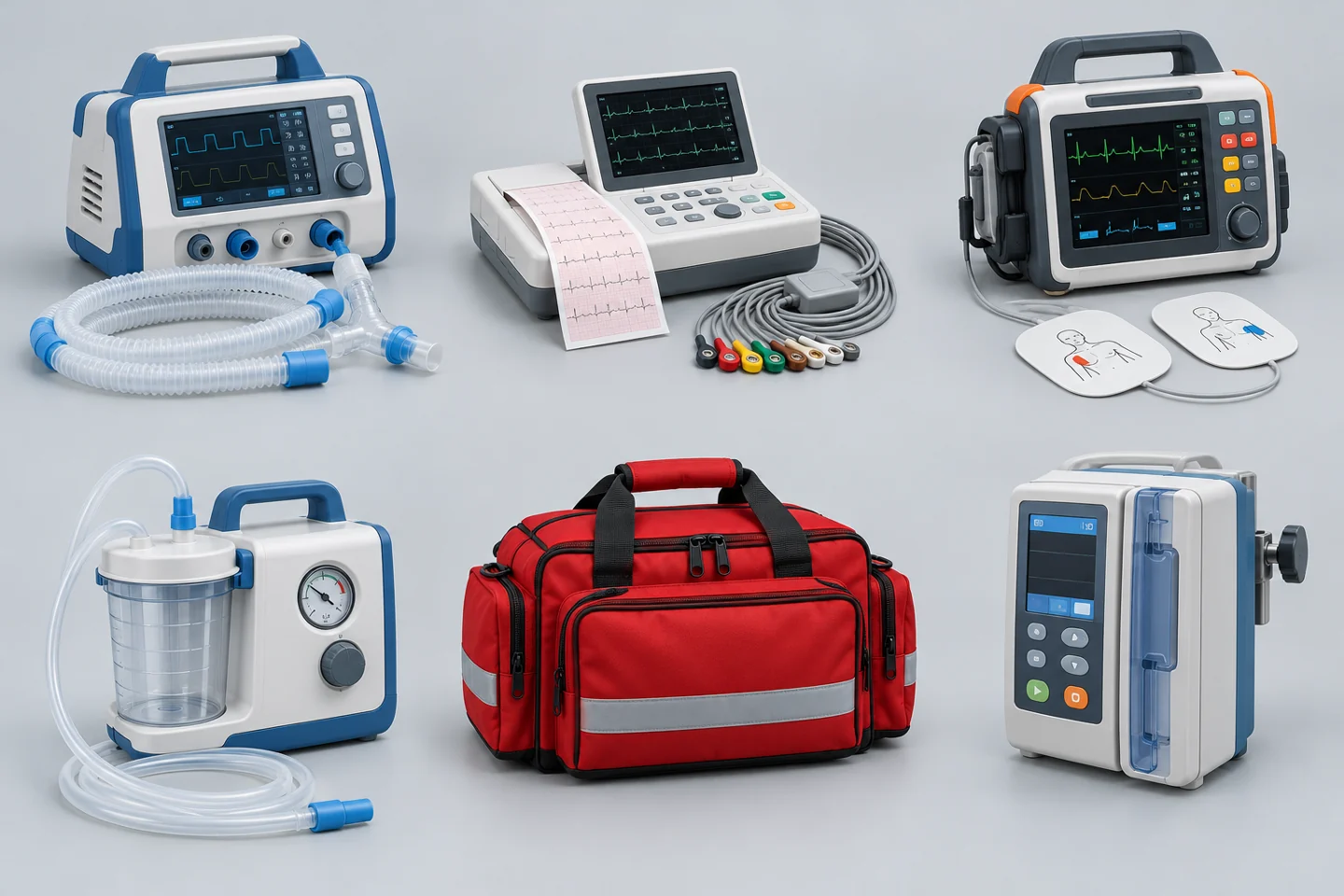 Ventilador de transporte; Electrocardiógrafo / equipo de ECG; Desfibrilador / monitor-desfibrilador; Aspirador portátil de secreciones; Maletín médico de emergencia; Bomba de infusión