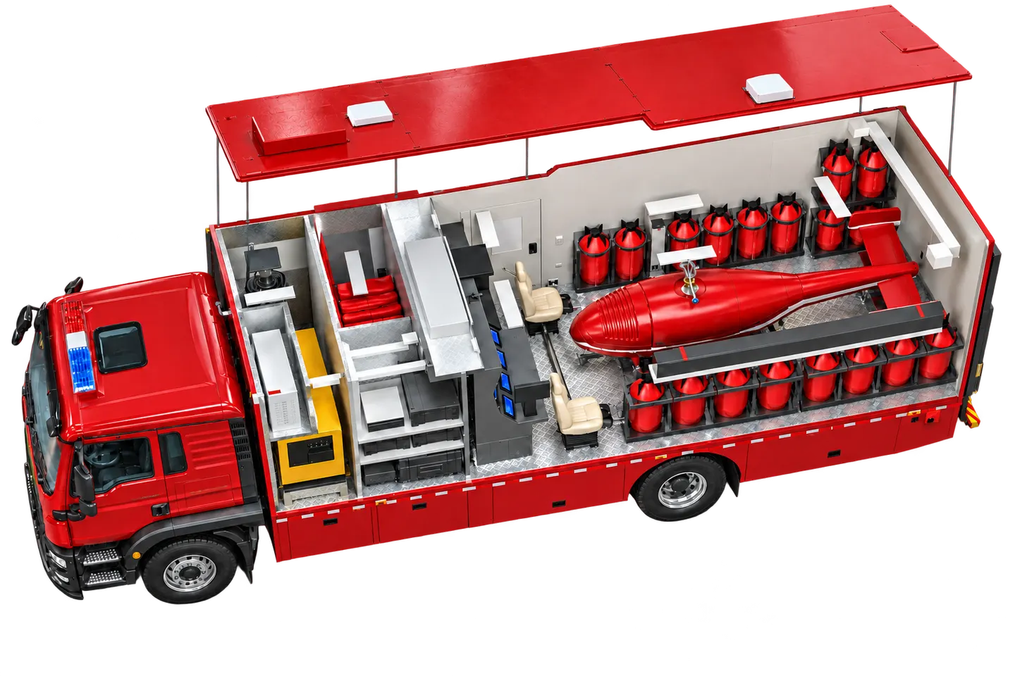 AI concept cutaway of a UAV transport and command shelter truck