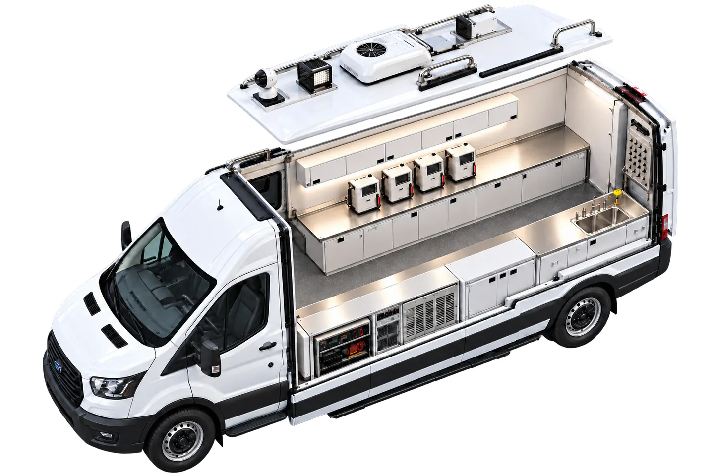 AI concept cutaway of a Transit water-testing van with side workbenches and a central aisle